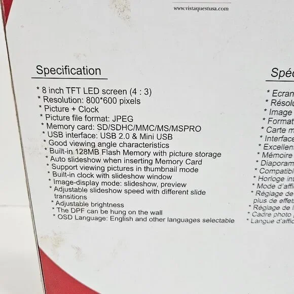 NIB VistaQuest VQ0801W 8" Remote Control Digital Picture Frame Black In Box - Picture 7 of 9